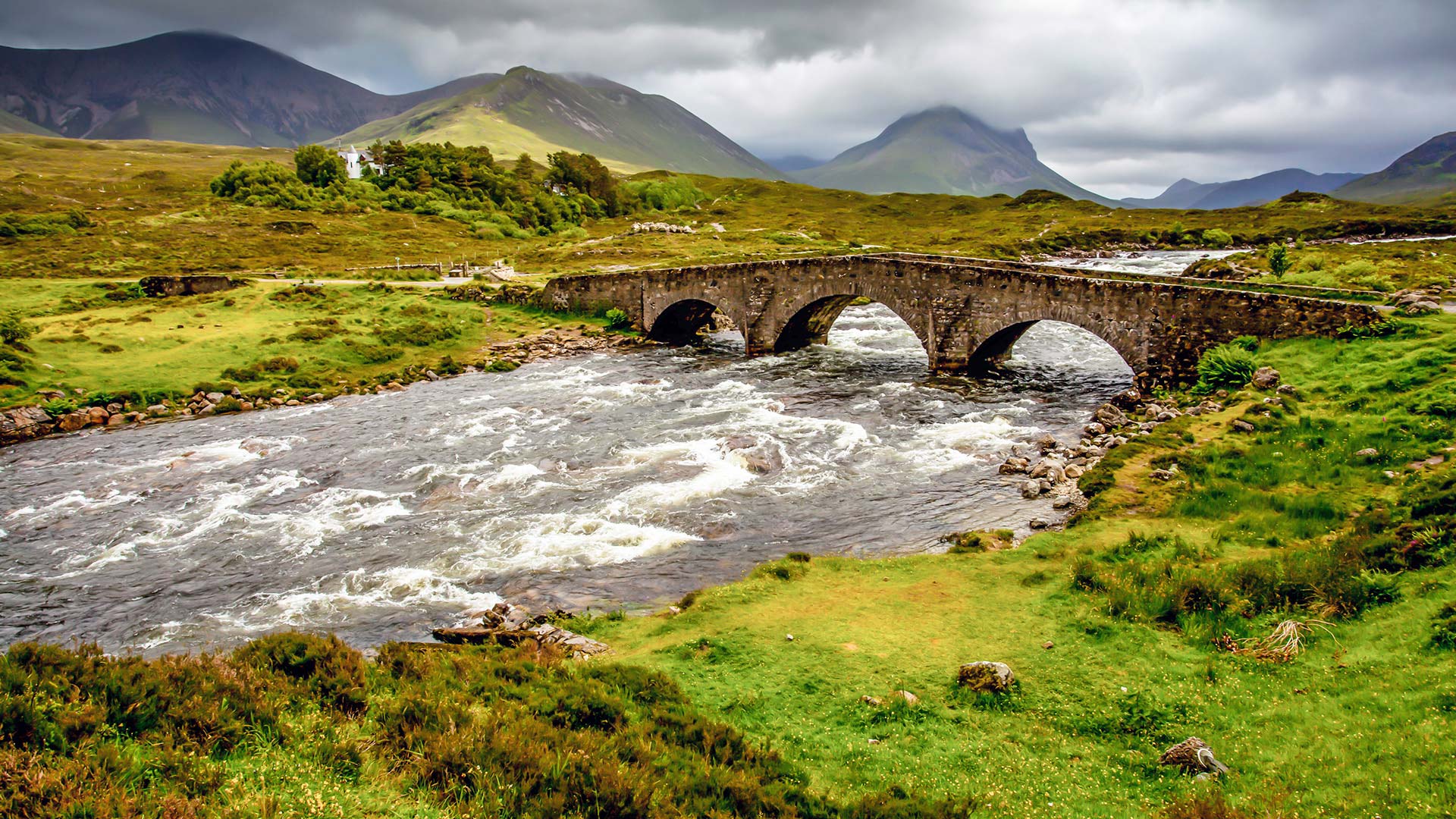 Scenic stone bridge crossing a river in the Scottish Highlands under cloudy skies.