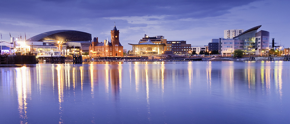 A nighttime panorama of Cardiff bay