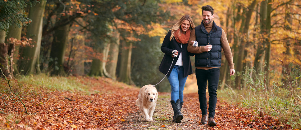 A couple walking their dog, the man is much taller than the woman