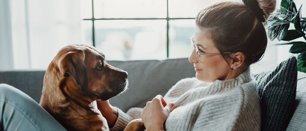 A woman sitting on the sofa with her dog on her lap
