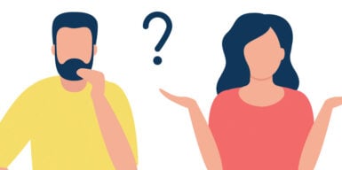 A cartoon of a man and woman with a question mark between them