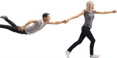 Woman pulling guy's hand and pulling him toward the future