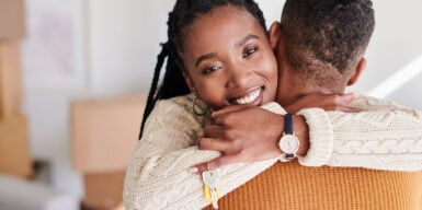 Woman hugs you and she looks happy as symbol for she is the one