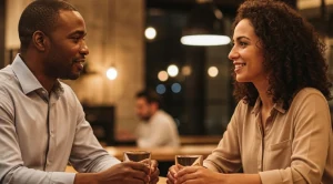 A couple chatting at a table in a pub. 