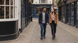 A couple walking in Jewelry Quarter in Birmingham next to historic buildings.