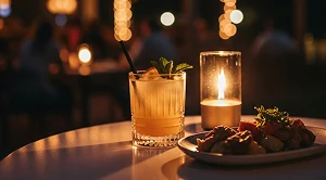 A drink next to a candle in a bar in Luna Springs Birmingham.