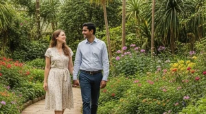 A couple walking hand in hand in a botanic garden.