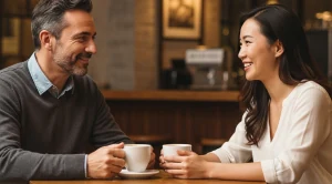 A couple chatting at a coffee shop.