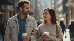 A couple walking together while enjoying coffee.