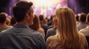 A couple sitting next to each other at a drag show.