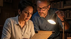 A couple reading a piece of paper in an escape room. 