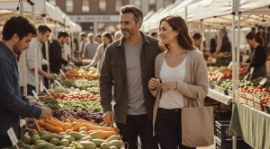 A couple strolling a farmers market and looking at fruits and vegetables.