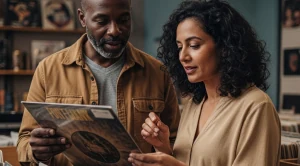 A couple looking at a vinyl in a record shop.