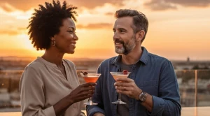 A couple enjoying drinks at a rooftop in the sunset.
