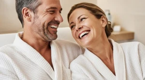 A couple smiling at each other in bathrobes at a wellness.