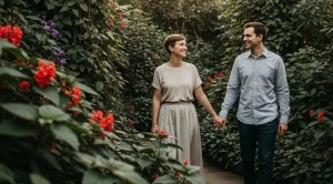 A couple walking side by side at roath park conservatory in cardiff.