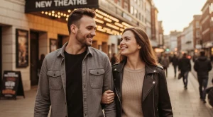 A couple on their way to enjoy a show at new theatre in cardiff.