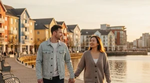 A couple walking hand in hand at the waterfront in cardiff bay. 