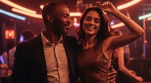 A couple dancing in a night club on a date.