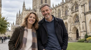 A couple standing in front of the cathedral in gloucester. (Generated with AI)