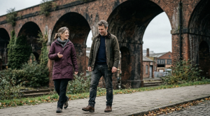A couple walking past the holbeck viaduct, leeds.
