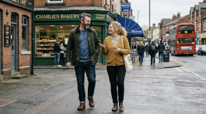 A couple strolling on a date through the streets of headingley, leeds.