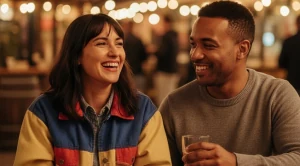 A couple enjoying a night at baltic market in liverpool.