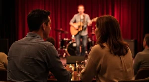 A couple enjoying their date at a open mic night event.
