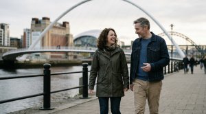 A couple walking past the Millennium Bridge in Newcastle.