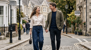 A couple strolling hand in hand through mutleys victorian streets in plymouth. (Generated with AI)