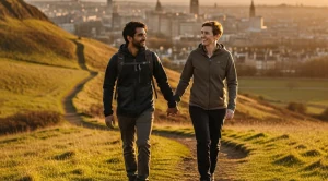 A couple hiking side by side arthurs seat in Edinburgh.