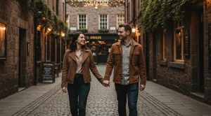 A couple enjoying a date night out at ashton lane, glasgow.