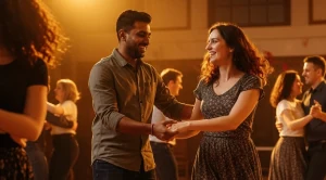 A couple dancing together on a ceilidh date night.