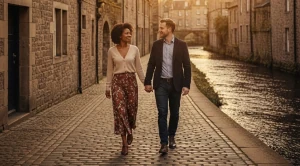 A couple strolling through dean village in edinburgh.
