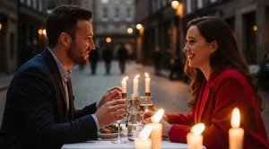 A couple enjoying a candle lit dinner on the royal mile in Edinburgh, Scotland.
