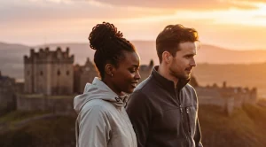 A couple side by side at the castle viewpoint in inverness while sunset.