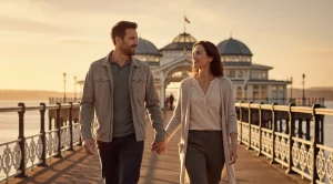A couple strolling bangor pier side by side at sunset.