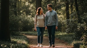 A couple strolling bellevue park in Wrexham, Wales.
