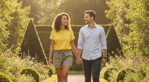A couple exploring erddig hall and gardens on a sunny day in wales.