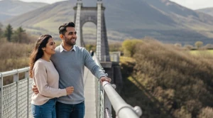 A couple on top of the menai suspension bridge in bangor, wales.