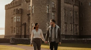 A couple in front of penrhyn castle in bangor, wales.