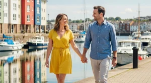 A couple strolling side by side at swansea marina in wales.