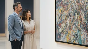 A couple exploring art in a museum together.