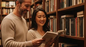A couple browsing through books in a bookstore. 