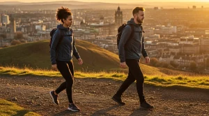 A couple hiking Arthur’s Seat in Edinburgh at sunrise. 