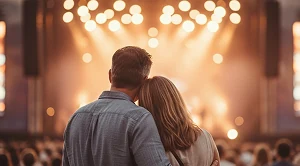 A couple staying in front of a stage listening to live music.