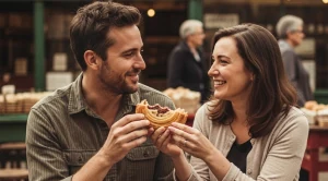 A couple sharing bites at a ormeau bakery pop up.