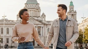 A couple walking side by side at st anne square in Belfast.