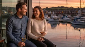 A couple enjoying dockside drinks in swansea.
