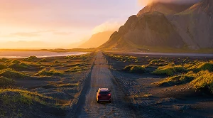A car driving into the sunset on a street lined with greenery.